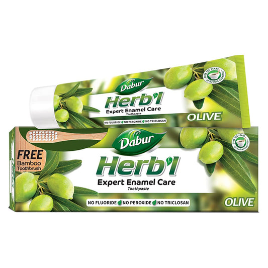 Dabur Herb'l Olive Expert Enamel Care Toothpaste - 150g + Free Toothbrush