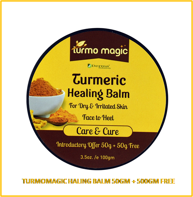 A package of Turmomagic Healing Balm for dry and irritated skin, indicated for face to heel care with a label mentioning '50gm + 50gm' and 'Introductory Offer'. The package has a yellow and brown color scheme with images of spices and a bowl.