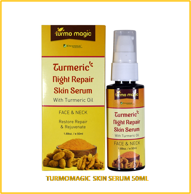 Turmomagic Night Repair Serum packaging and bottle, 50ml size, with turmeric oil for face and neck skin care.