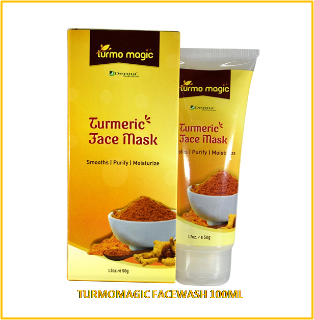 Turmomagic Turmeric Jace Mask packaging and product container, 100gm size, with an image of turmeric powder and a bowl of the mask on the front.