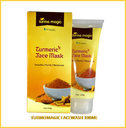 Turmomagic Turmeric Jace Mask packaging and product container, 100gm size, with an image of turmeric powder and a bowl of the mask on the front.