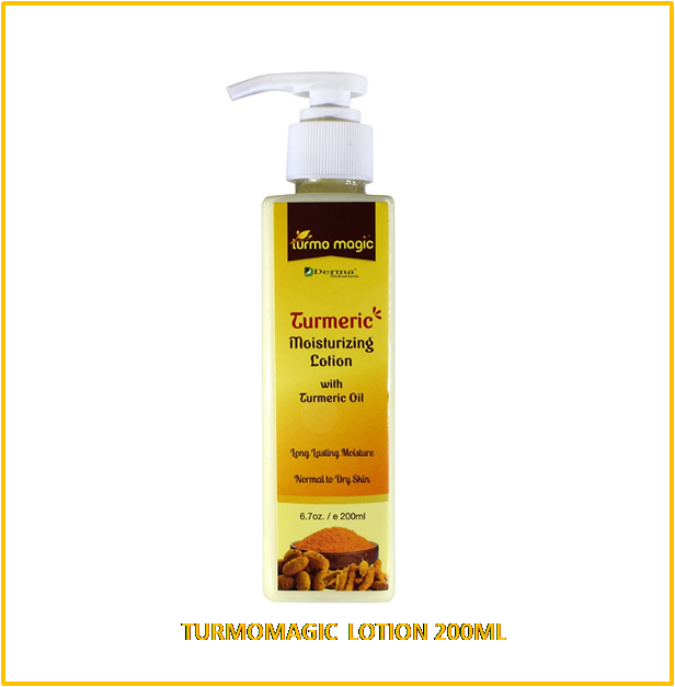 Turmomagic Moisturizing Lotion 200ml packaging with a pump dispenser, predominantly yellow and white with text and branding.