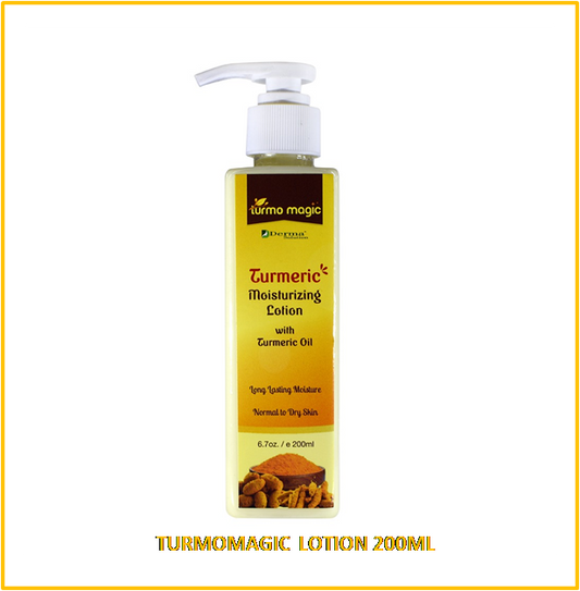 Turmomagic Moisturizing Lotion 200ml packaging with a pump dispenser, predominantly yellow and white with text and branding.