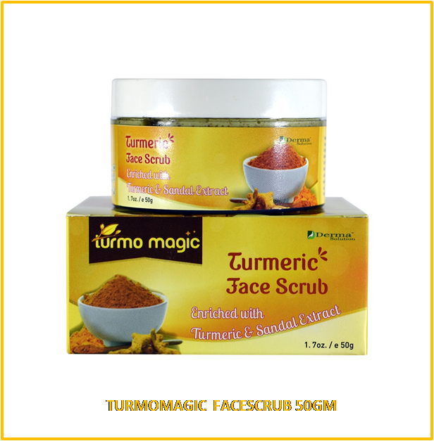 A package of Turmomagic FaceScrub with a 50gm weight indication, featuring turmeric and sandalwood, with an image of a bowl of turmeric powder and sandalwood chips.