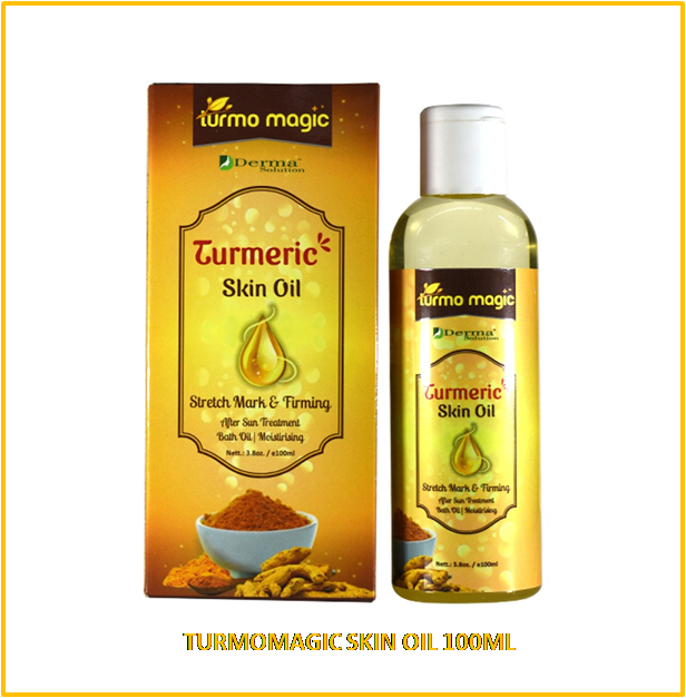 Packaging and bottle of Turmomagic Skin Oil, 100ml. The packaging is predominantly yellow with text and an image of turmeric.