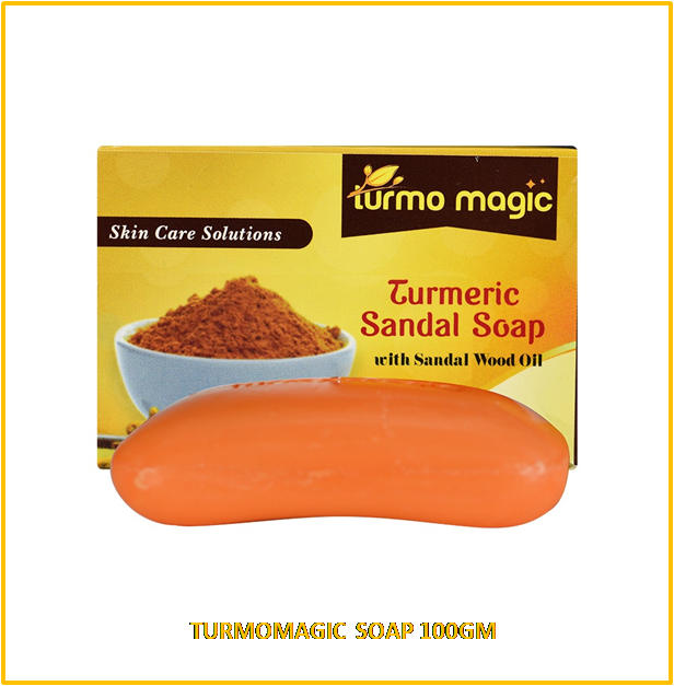 Packaging of Turmomagic Soap with a picture of the bar soap and a bowl of turmeric sandalwood oil. The package has a yellow and orange color scheme with text detailing the product name and weight (100gm).